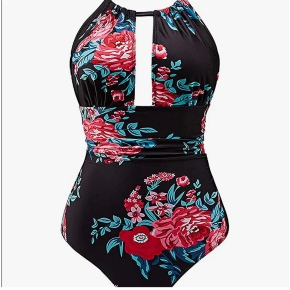 Size large NEW B2PRITY Black Floral Halter One Piece Swimsuit